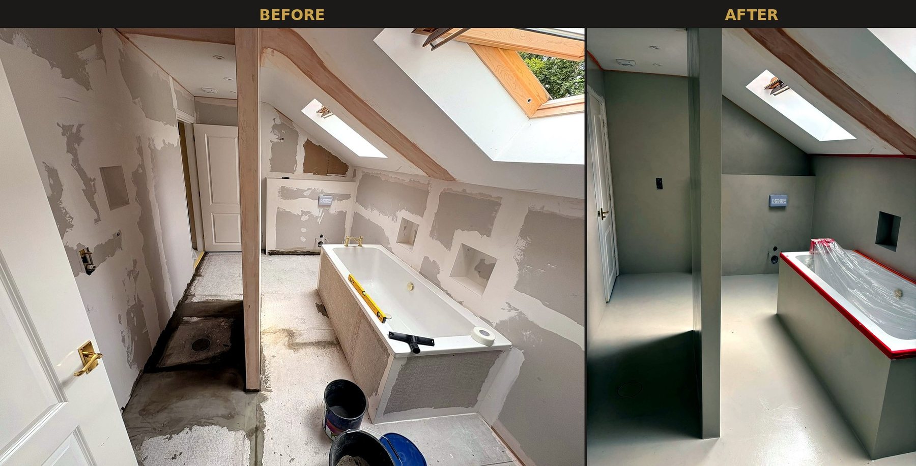 Loft en-suite before and after: stripped-back room with exposed plasterboard, then the same room finished in seamless microcement